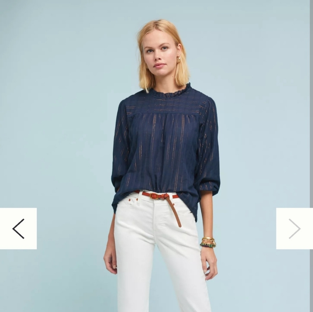 Maeve Reston Blouse Blue Navy Metallic Stripes Long Sleeve Top Size Small